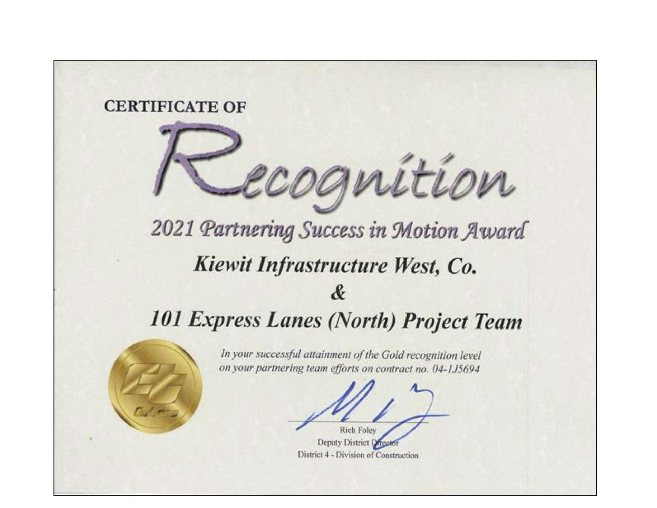 Caltrans 2021 Partnering Success in Motion Award 3